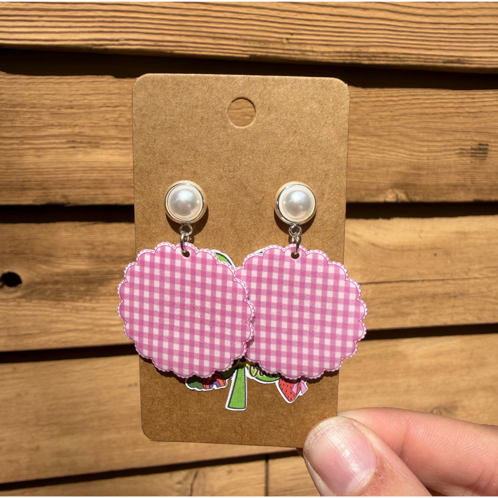 Pink Plaid Scalloped Drop Dangle