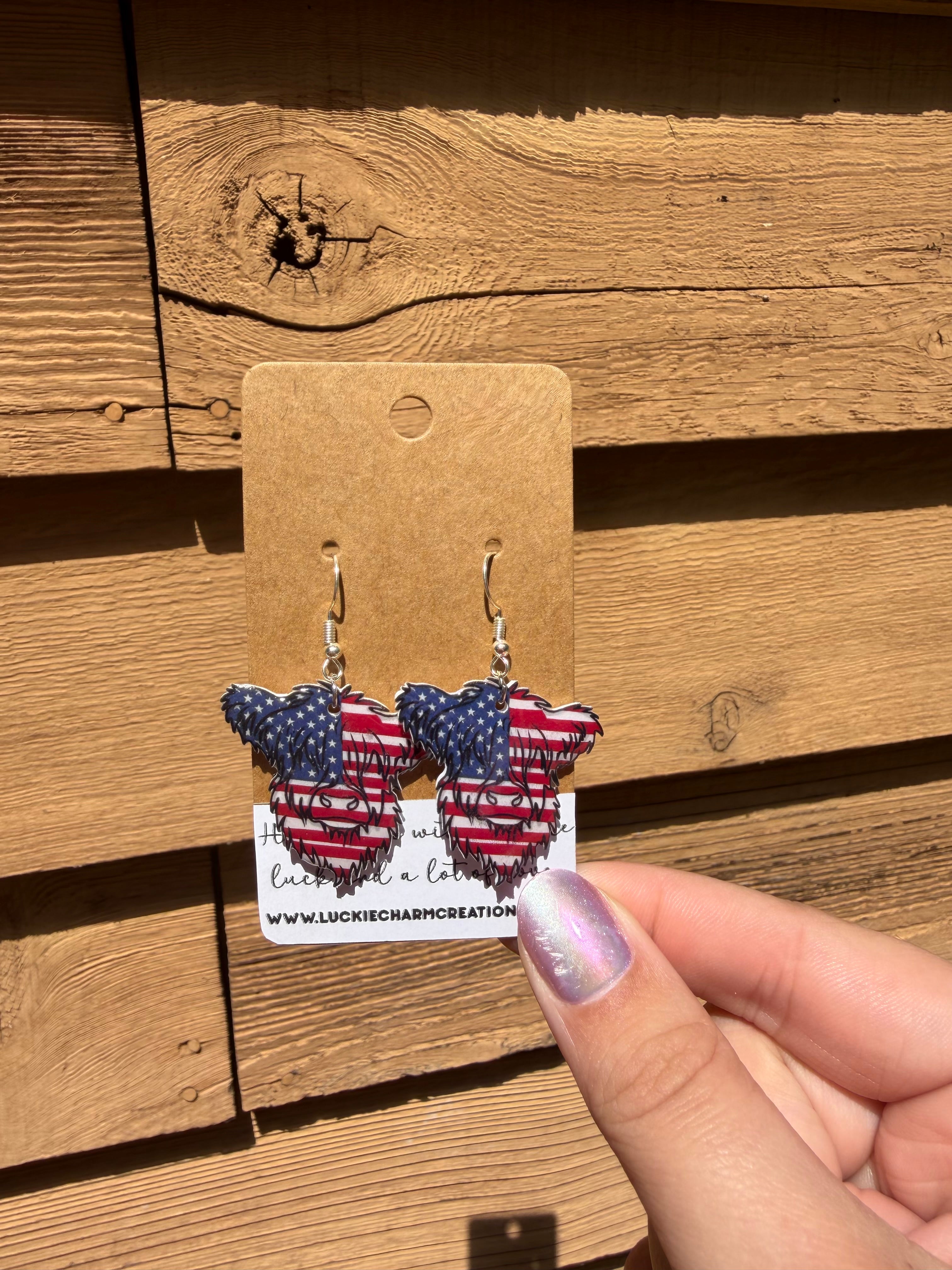 American Flag Style Highland Cow Dangle